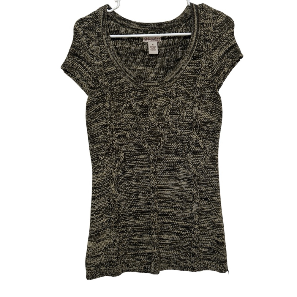 Glimmer by J.J. Basics Brown and Beige Marled Cable Knit Cap Sleeve Sweater Top